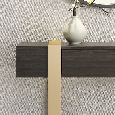 Oak Black Marble Top Console Table With Two Drawers Satin Finish