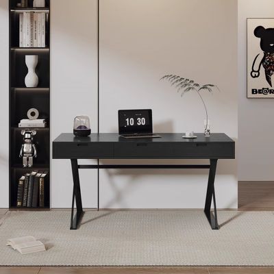 Customized Oak Wood Study Table Black Wood Office Desk With Drawers