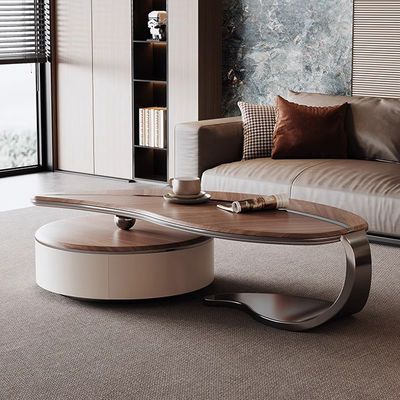 Walnut Veneer Central Coffee Table Leaf Shape Wood Stainless Steel Coffee Table