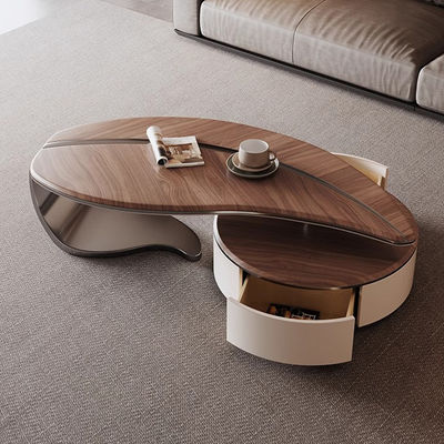 Walnut Veneer Central Coffee Table Leaf Shape Wood Stainless Steel Coffee Table