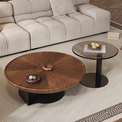Oak Veneer Central Round Coffee Table Natural Wood Top Metal Legs For Living Room and Hotel Use