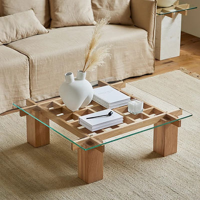 Oak Glass Top Coffee Table With Wood Base Square Glass And Wood Side Table