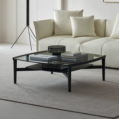 Oak Veneer Square Glass Coffee Table With Wood Base Matt Finish
