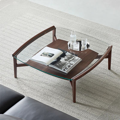 Oak Veneer Square Glass Coffee Table With Wood Base Matt Finish