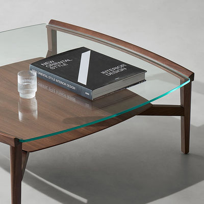 Oak Veneer Square Glass Coffee Table With Wood Base Matt Finish