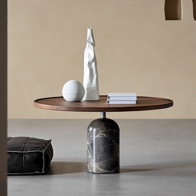 Central Oak Veneer Coffee Table Wood Top Marble Finish For Living Room