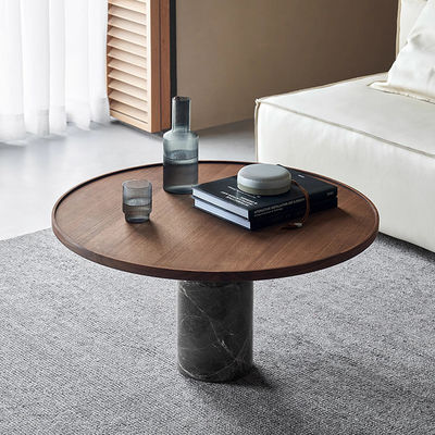 Central Oak Veneer Coffee Table Wood Top Marble Finish For Living Room