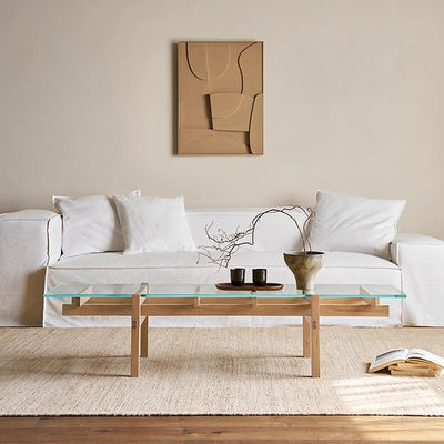 Rectangle Oak Veneer Central Coffee Table Clear Glass Top Wood Coffee Table