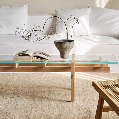 Rectangle Oak Veneer Central Coffee Table Clear Glass Top Wood Coffee Table