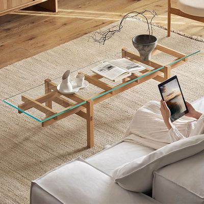 Rectangle Oak Veneer Central Coffee Table Clear Glass Top Wood Coffee Table