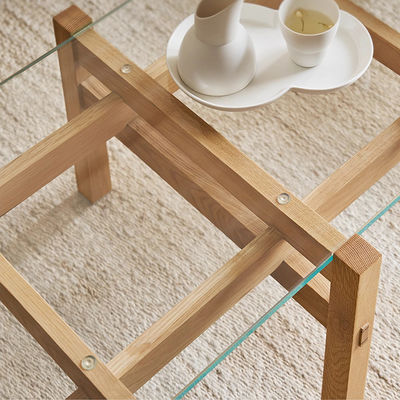Rectangle Oak Veneer Central Coffee Table Clear Glass Top Wood Coffee Table