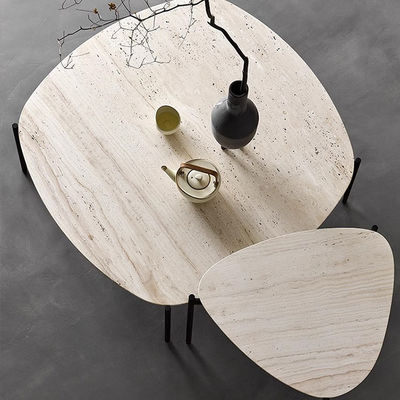 Iron Finish Central Coffee Table Black Satin Finish Natural Travertine Top Metal Legs