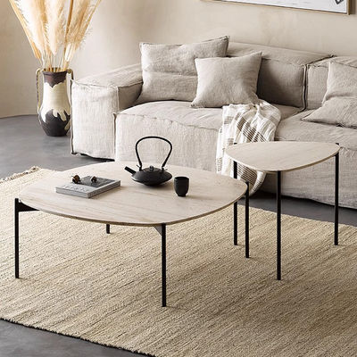 Iron Finish Central Coffee Table Black Satin Finish Natural Travertine Top Metal Legs
