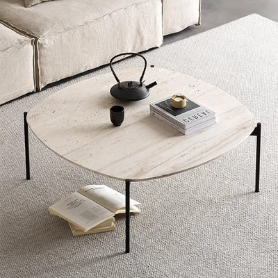 Iron Finish Central Coffee Table Black Satin Finish Natural Travertine Top Metal Legs