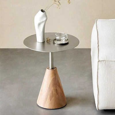 Oak Veneer round End Tabe Iron Panel Top Solid Wood Legs Side Table For Living Room And Hotel Use