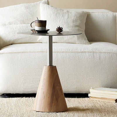 Oak Veneer round End Tabe Iron Panel Top Solid Wood Legs Side Table For Living Room And Hotel Use