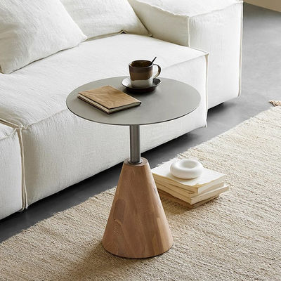Oak Veneer round End Tabe Iron Panel Top Solid Wood Legs Side Table For Living Room And Hotel Use