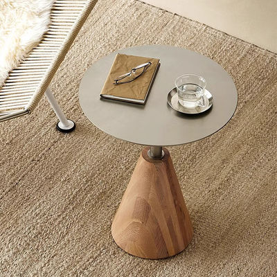 Oak Veneer round End Tabe Iron Panel Top Solid Wood Legs Side Table For Living Room And Hotel Use