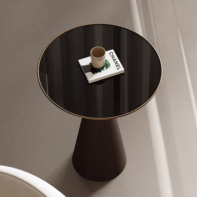 Oak Veneer Round End Tabe Black Glass Top Solid Wood Legs small Side Table For Living Room And Hotel Use