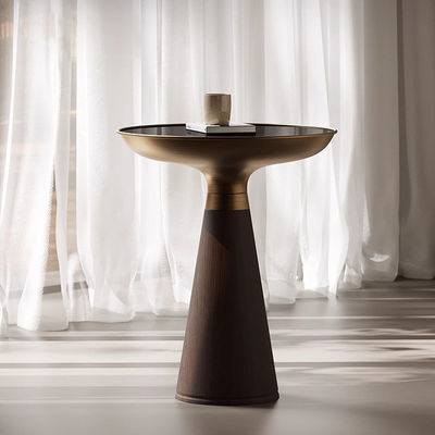 Oak Veneer Round End Tabe Black Glass Top Solid Wood Legs small Side Table For Living Room And Hotel Use