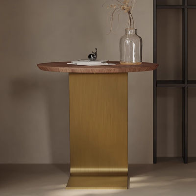 Walnut Veneer Round End Tables For Living Room Brushed Gold Color
