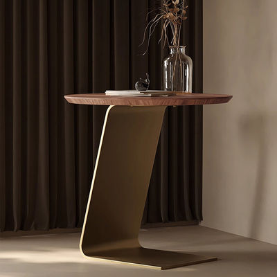 Walnut Veneer Round End Tables For Living Room Brushed Gold Color