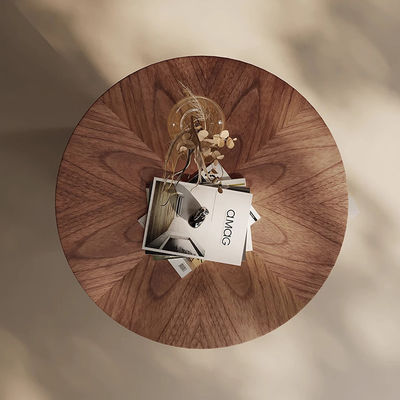 Walnut Veneer Round End Tables For Living Room Brushed Gold Color