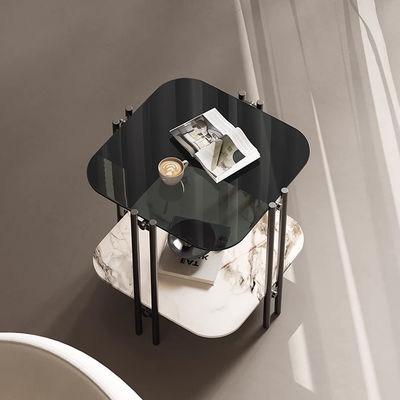 Brushed Square End Table Silver Grey Glass Top Metal End Table