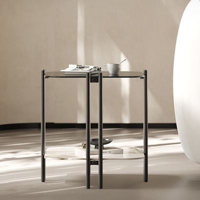 Brushed Square End Table Silver Grey Glass Top Metal End Table