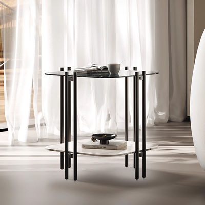Brushed Square End Table Silver Grey Glass Top Metal End Table