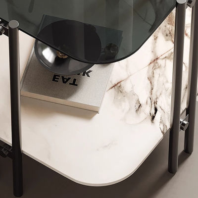 Brushed Square End Table Silver Grey Glass Top Metal End Table