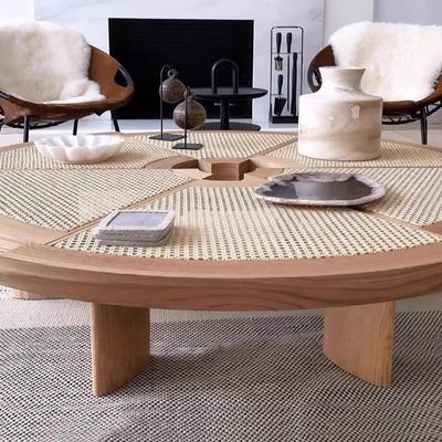 Oak Solid Wood Coffee Table Rattan Top Small Round Coffee Table