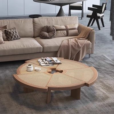 Oak Solid Wood Coffee Table Rattan Top Small Round Coffee Table