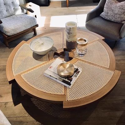 Oak Solid Wood Coffee Table Rattan Top Small Round Coffee Table