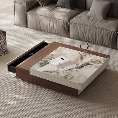 Oak Wood Coffee Table Ceramic Top Square Coffee Table With Drawers