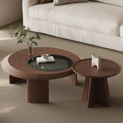 Walnut Veneer Central Round Coffee Table Natural Wood Top Solid Wood Legs For Living Room And Hotel Use