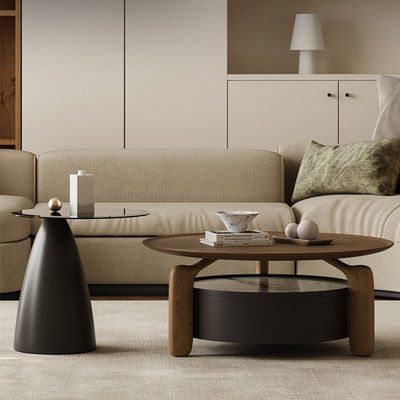 Walnut Veneer Central Round Coffee Table Natural Wood Top Solid Wood Legs For Living Room And Hotel Use