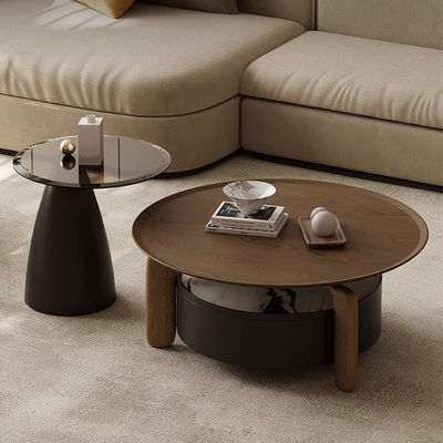 Walnut Veneer Central Round Coffee Table Natural Wood Top Solid Wood Legs For Living Room And Hotel Use