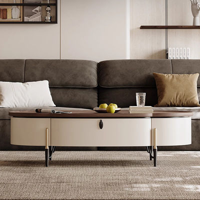 Walnut Veneer Central Oval Coffee Table Natural Wood Top Metal Legs For Living Room And Hotel Use