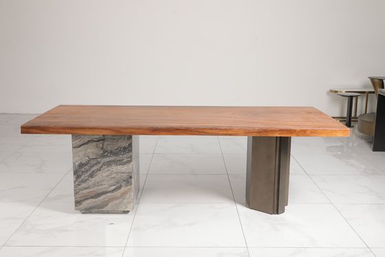 Ceramic Wood Glass Top Dining Table with Marble Base