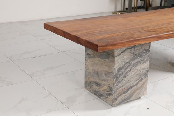 Ceramic Wood Glass Top Dining Table with Marble Base