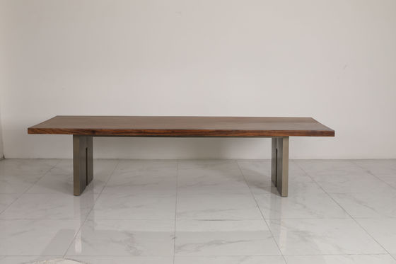 Contemporary Wood Table Top Dining Table With Stainless Steel Base Bronze Finish