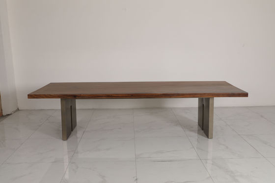Contemporary Wood Table Top Dining Table With Stainless Steel Base Bronze Finish