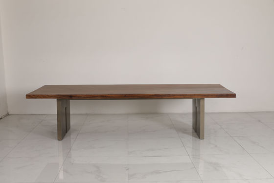 Contemporary Wood Table Top Dining Table With Stainless Steel Base Bronze Finish