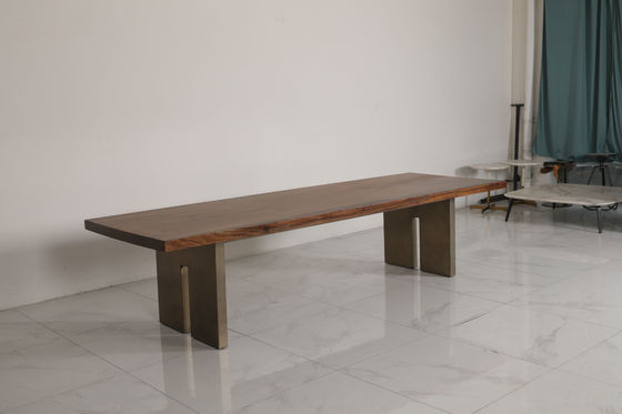 Contemporary Wood Table Top Dining Table With Stainless Steel Base Bronze Finish