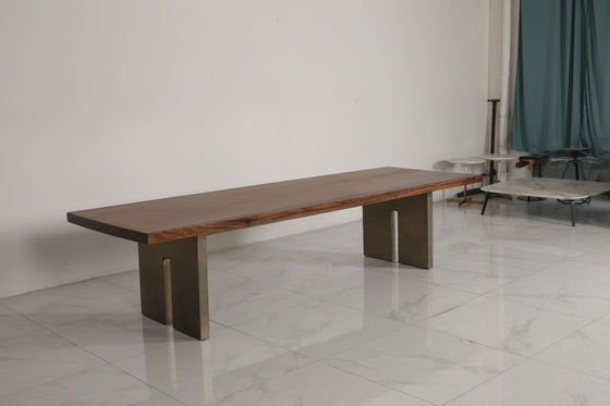 Contemporary Wood Table Top Dining Table With Stainless Steel Base Bronze Finish