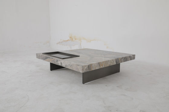 Natural Marble Top Square Coffee Table With Matte Black Legs Home Use
