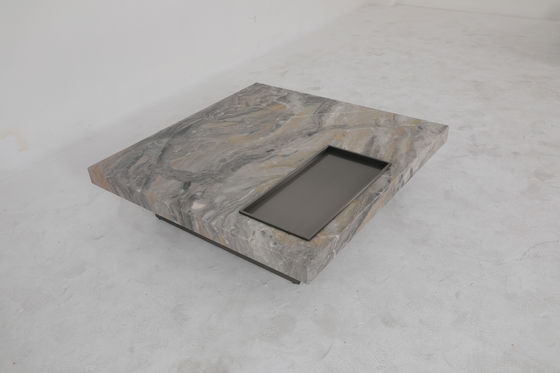Natural Marble Top Square Coffee Table With Matte Black Legs Home Use