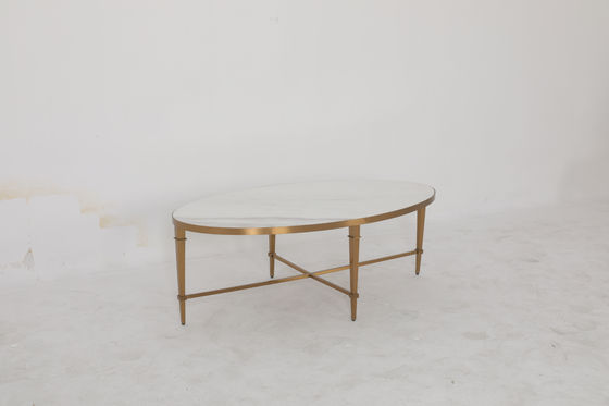 Matte Finished Brushed Gold Stainless Steel Table Hotel Coffee Table With Natural Marble Top