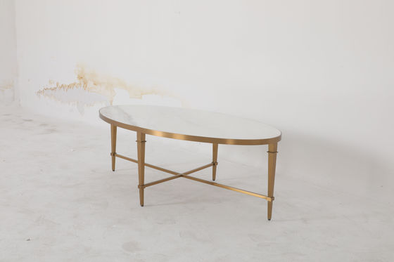 Matte Finished Brushed Gold Stainless Steel Table Hotel Coffee Table With Natural Marble Top